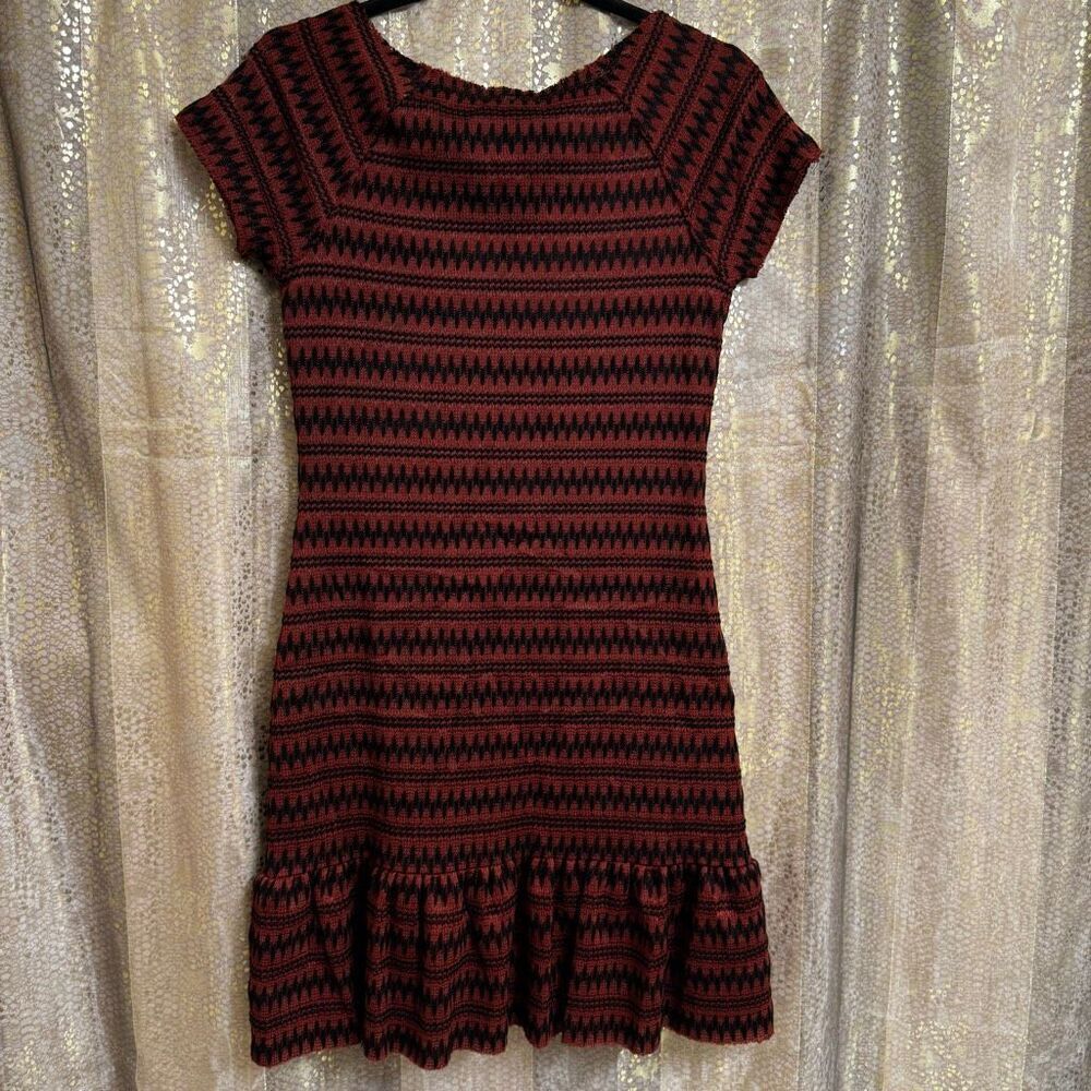 Free People Cozy Day Flounce Rust Red and Black Patterned Mini Dress Medium - Picture 2 of 9
